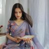 Violet Georgette Printed Pearl Lace Border Saree