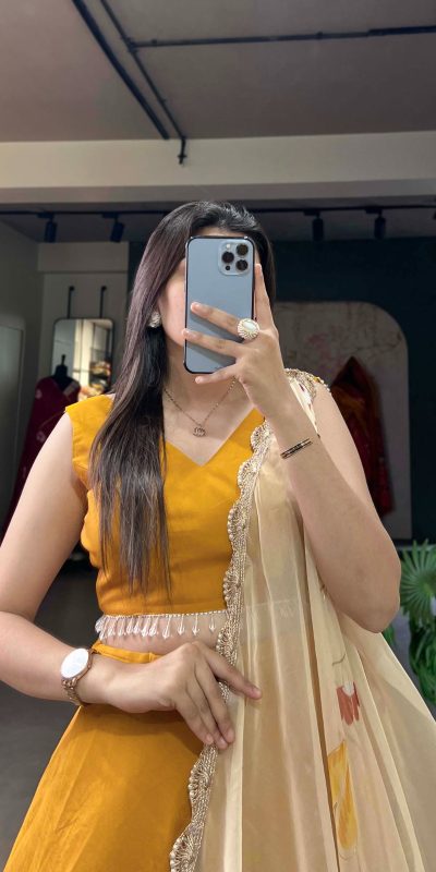 Grand Mustard Color Polyester Viscose Chadri Lehenga Choli
