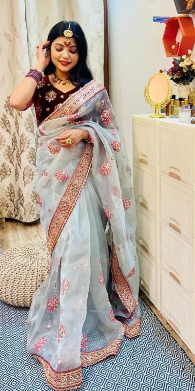 Luminous Ash Blue Color Organza Designer Multi Thread Work Saree