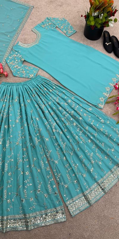 Luminous Blue Color Georgette Embroidery Sequence Salwar Suit