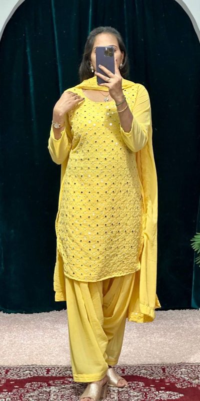 Mesmerizing Yellow Color Faux Georgette Embroidery Work Kurti