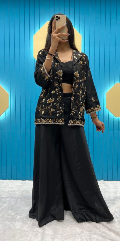 Nice Black Color Fiona Silk Koti Blazer Embroidery Salwar Suit