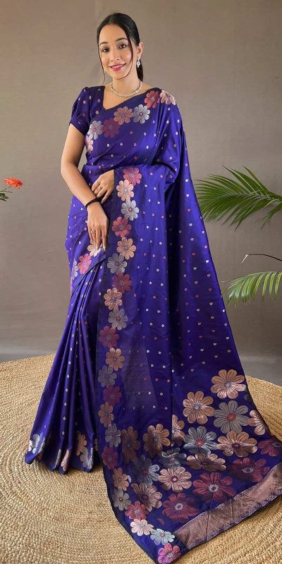 Nice Blue Color Soft Lichi Silk Ordinary Design Rich Pallu Saree