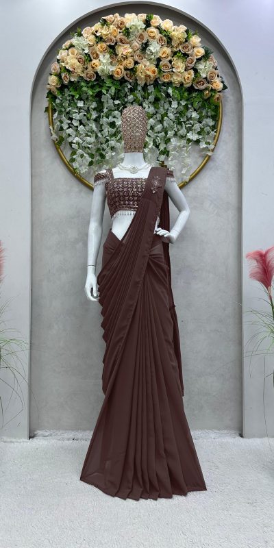 Nice Coffee Color Faux Georgette Ruffle Patch Work Saree