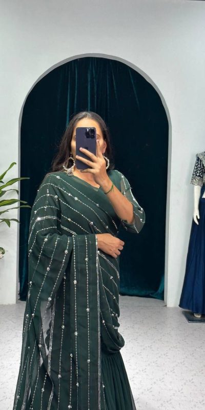 Nice Green Color Georgette Embroidery Moti Work Lehenga Saree