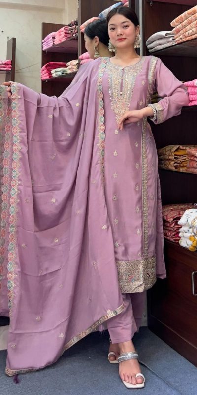 Nice Light Purple Color Pure Chinnon Silk Embroidery Salwar Suit