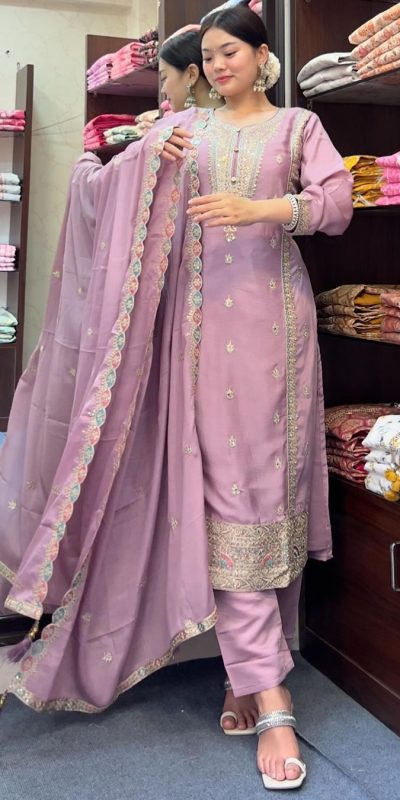 Nice Light Purple Color Pure Chinnon Silk Embroidery Salwar Suit