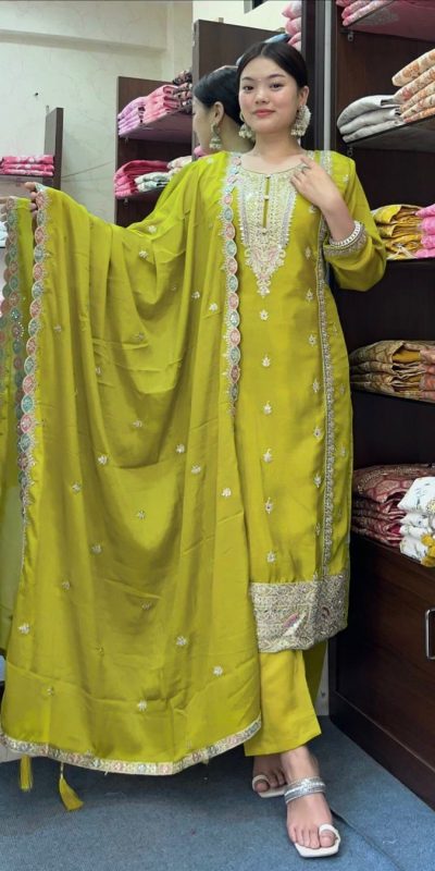 Nice Mehndi Green Pure Chinnon Silk Embroidery Salwar Suit