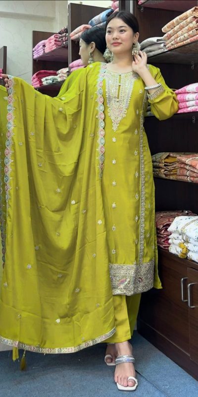 Nice Mehndi Green Pure Chinnon Silk Embroidery Salwar Suit