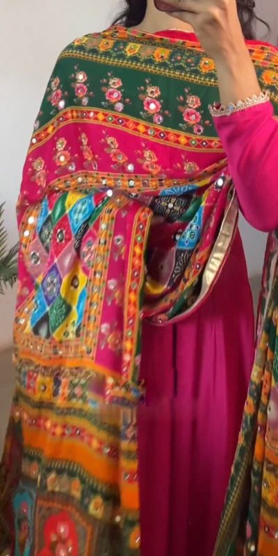 Nice Red Maliy Satin Digital Print Real Mirror Dupatta Anarkali Suit