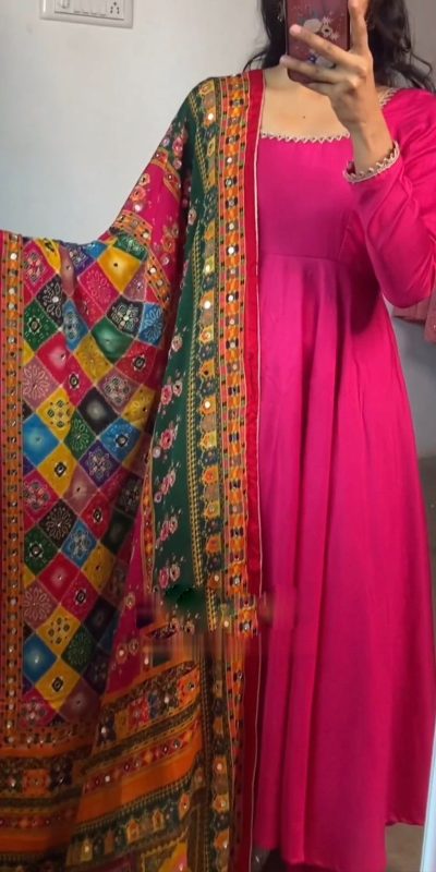 Nice Red Maliy Satin Digital Print Real Mirror Dupatta Anarkali Suit