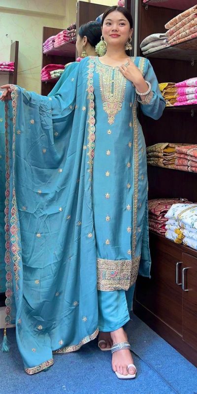 Nice Sky Blue Color Pure Chinnon Silk Embroidery Salwar Suit