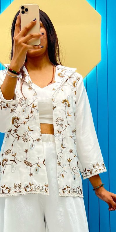 Nice White Color Fiona Silk Koti Blazer Embroidery Salwar Suit