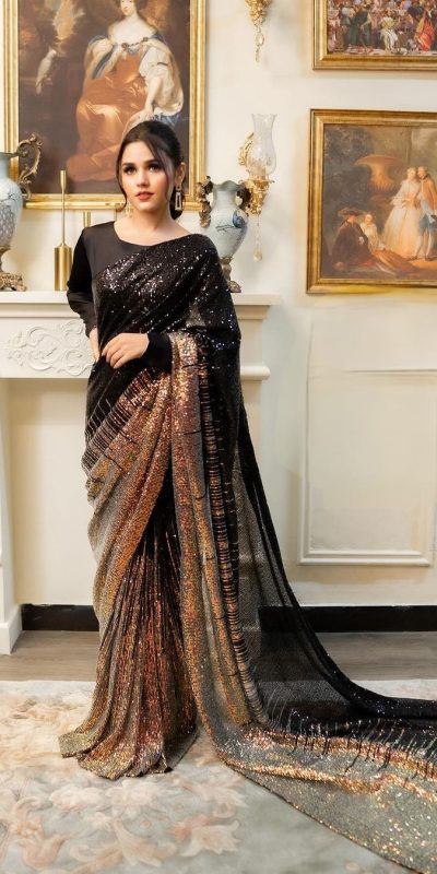 Peaceful Black Color Heavy Dual Sequins Embroidery Work Saree 2