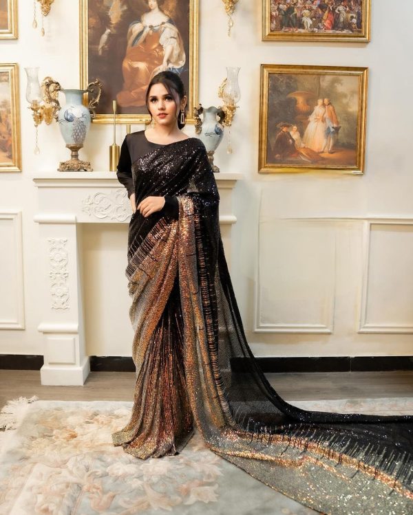 Peaceful Black Color Heavy Dual Sequins Embroidery Work Saree 2