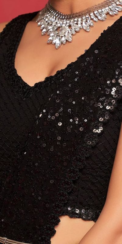 Perfect Black Color Heavy Georgette Double Run Embroidery Saree