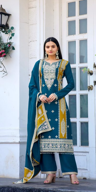 Perfect Blue Color Chinon Silk Embroidery Sequence Sharara Suit
