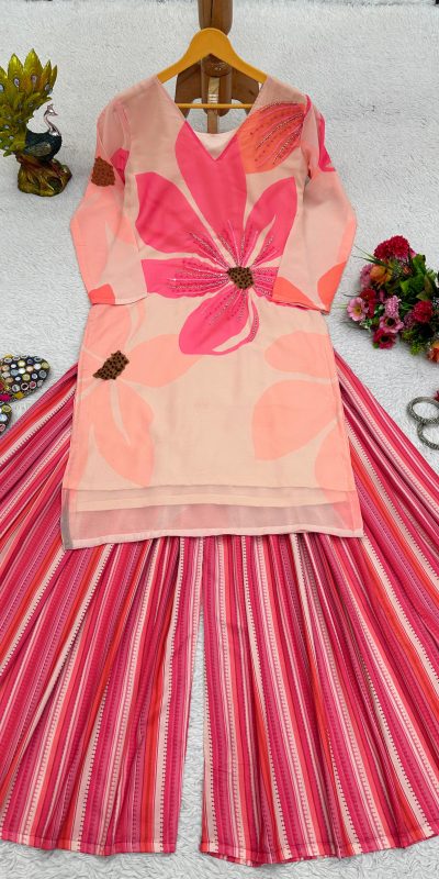 Perfect Pink Color Georgette Digital Print Handwork Anarkali Suit