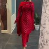 Red Faux Georgette Sequence Thread Work Salwar Suit
