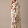 White Georgette Digital Prints Embroidery Saree