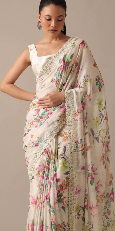 Perfect White Color Georgette Digital Prints Embroidery Saree