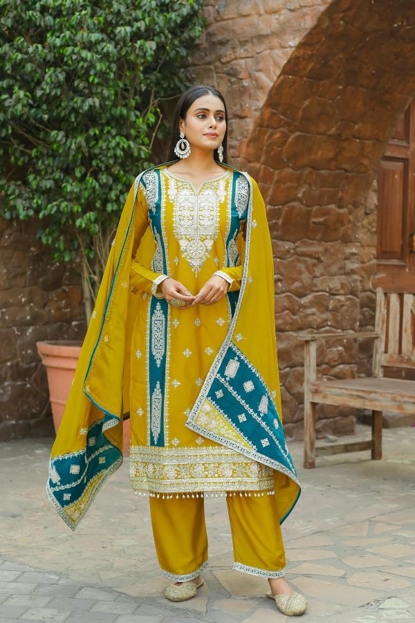 Perfect Yellow Color Chinon Silk Embroidery Sequence Sharara Suit