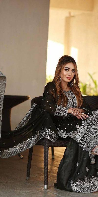 Pretty Black Color Georgette Embroidery Sequence Salwar Suit