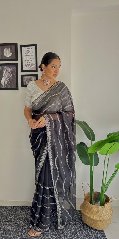 Pretty Black Color Soft Organza Zari With Sequence Saree