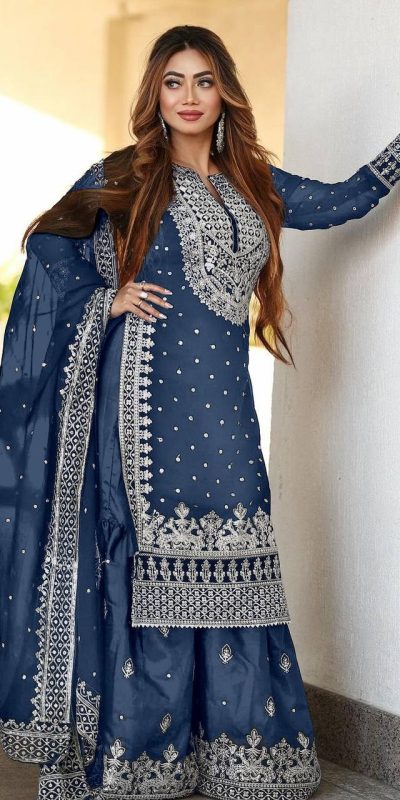 Pretty Blue Color Georgette Embroidery Sequence Salwar Suit