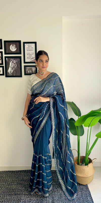 Pretty Blue Color Soft Organza Zari With Sequence Saree