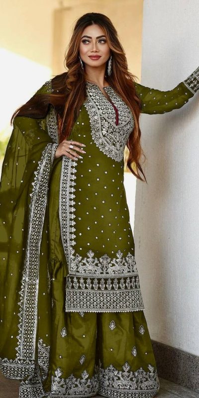 Pretty Mehndi Color Georgette Embroidery Sequence Salwar Suit
