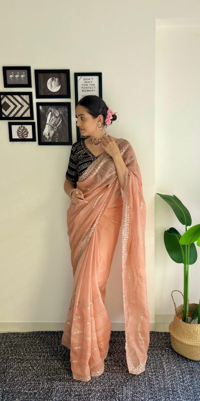 Pretty Peach Color Soft Organza Zari With Sequence Saree