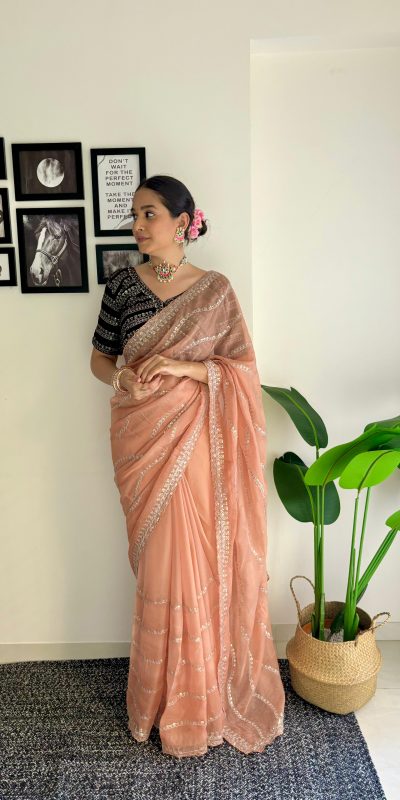 Pretty Peach Color Soft Organza Zari With Sequence Saree