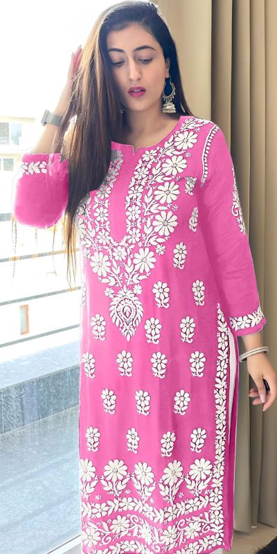 Pretty Pink Color Heavy Rayon Cotton Style Embroidery Work Kurti