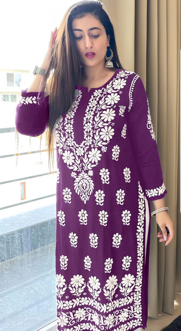 Pretty Purple Color Heavy Rayon Cotton Style Embroidery Work Kurti