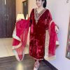 Red Heavy Viscose Velvet Embroidery Sharara