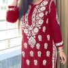 Red Heavy Rayon Cotton Style Embroidery Work Kurti