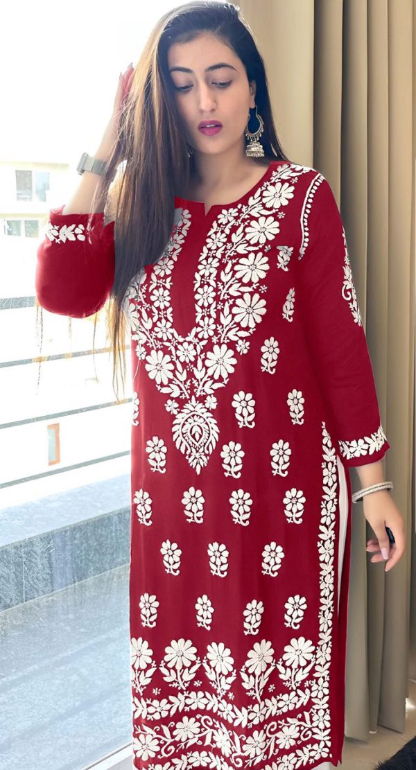 Pretty Red Color Heavy Rayon Cotton Style Embroidery Work Kurti