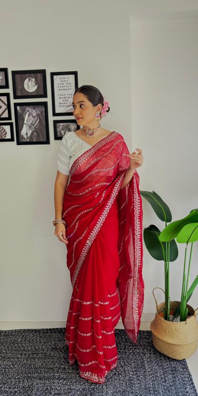 Pretty Red Color Soft Organza Zari With Sequence Saree