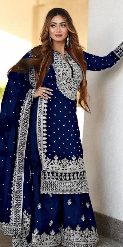 Pretty Royal Blue Color Georgette Embroidery Sequence Salwar Suit