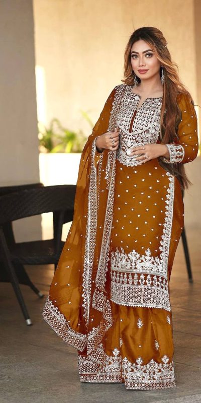 Pretty Rust Orange Color Georgette Embroidery Sequence Salwar Suit