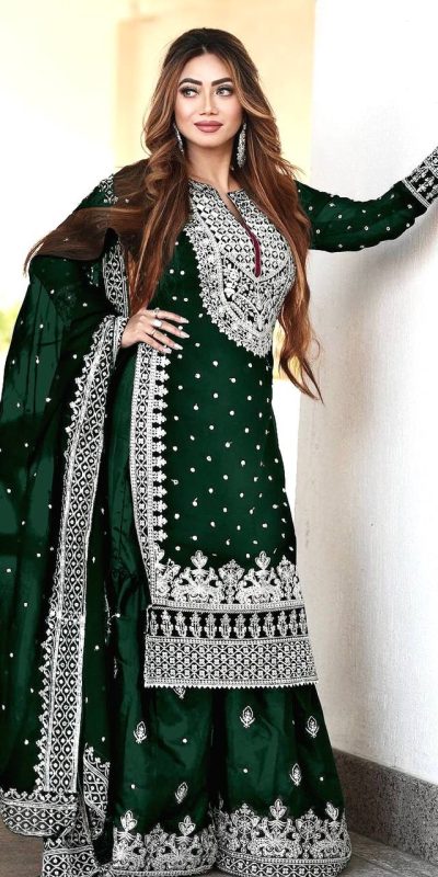 Pretty Stone Green Color Georgette Embroidery Sequence Salwar Suit