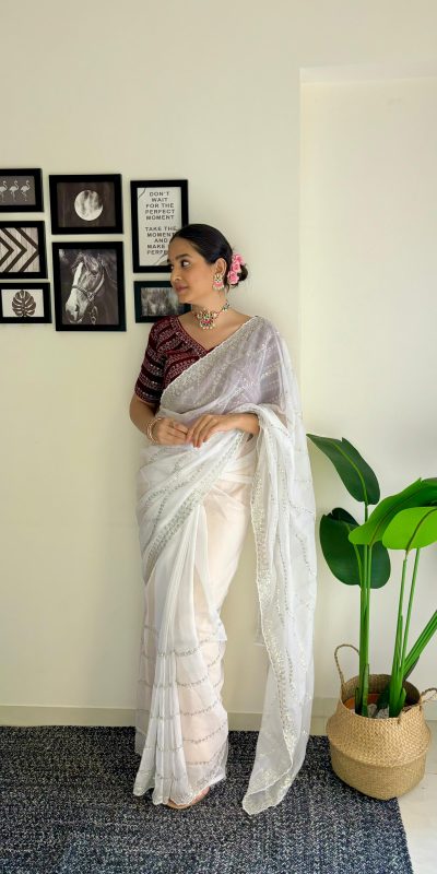 Pretty White Color Soft Organza Zari With Sequence Saree
