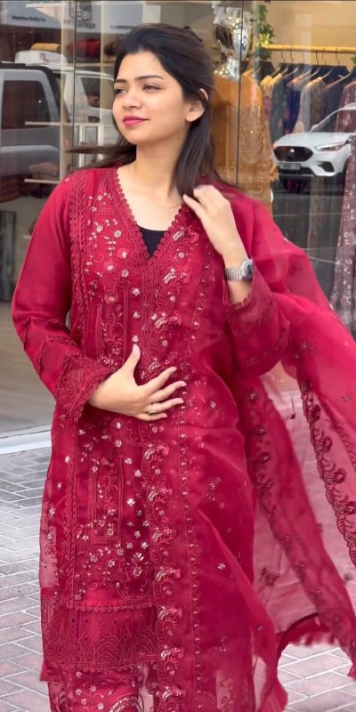 Pure Red Color Organza Embroidery Sequences Work Salwar Suit