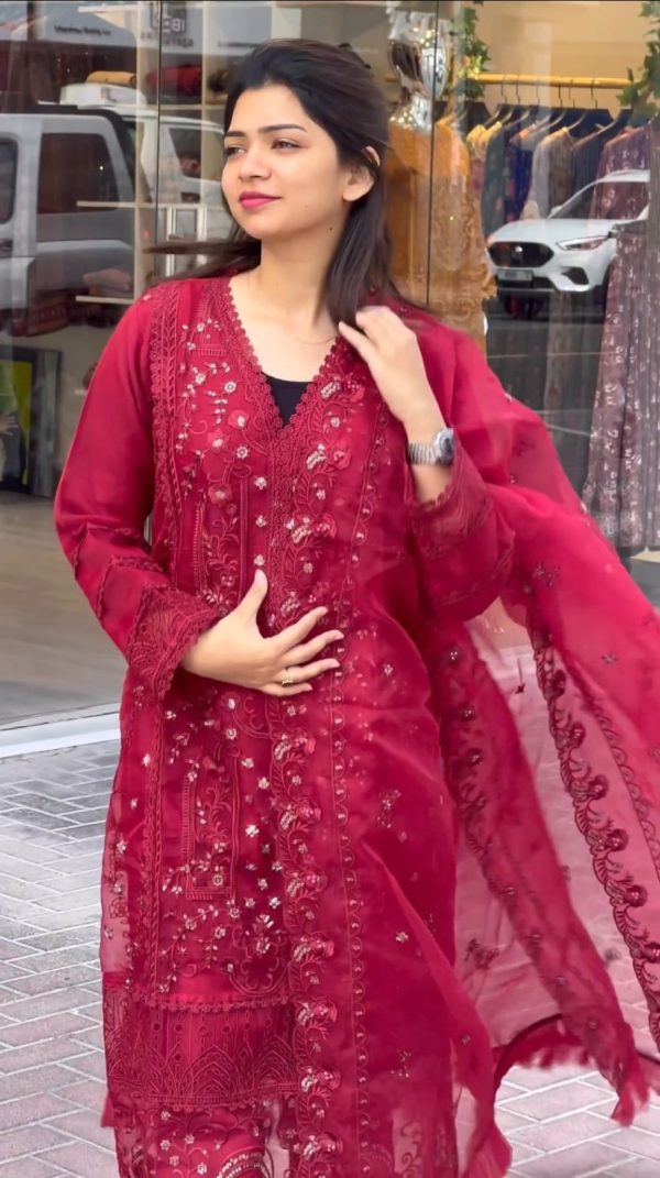 Pure Red Color Organza Embroidery Sequences Work Salwar Suit