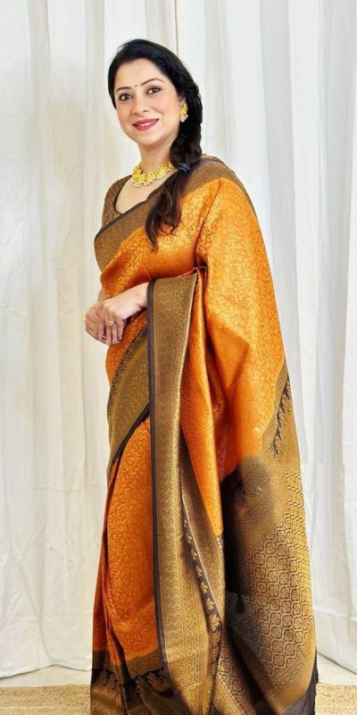 Radiant Orange Color Soft Lichi Silk Ordinary Design Rich Pallu Saree