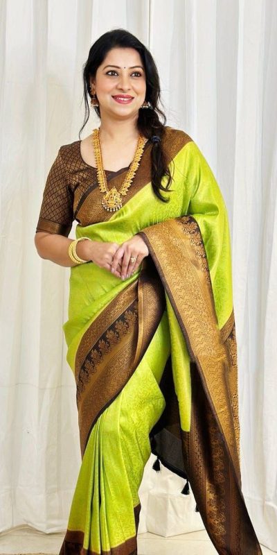 Radiant Parrot Green Color Soft Lichi Silk Ordinary Design Saree