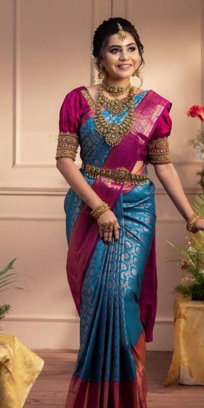 Resplendent Blue Color Soft Lichi Silk Beautiful Rich Pallu Saree