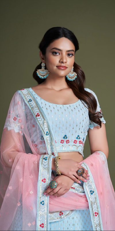 Sightly Sky Blue Color Georgette Embroidery Sequins Lehenga Choli