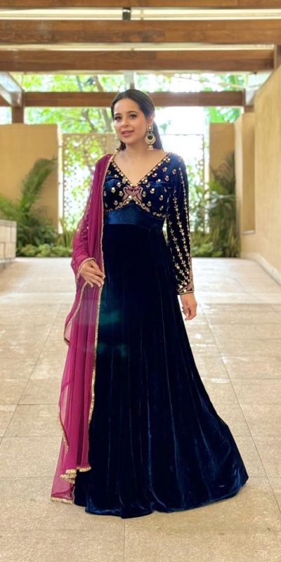 Sparkling Royal Blue Color Velvet Thread Sequence Anarkali Suit